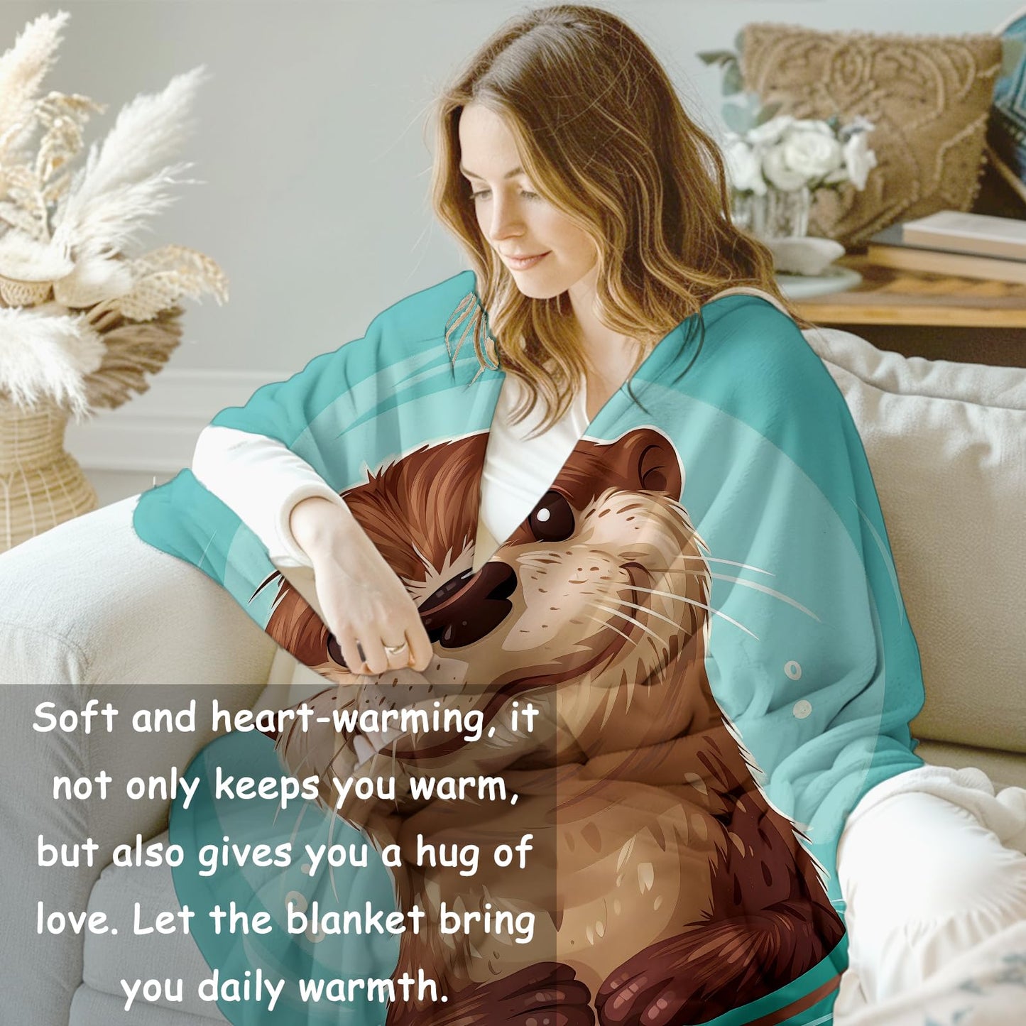 VANZEV Teal Otter Throw Blanket Gifts for Kids Women, Cute Wildlife Blankets for Living Room Home Decor, Cozy Flannel Otter Plush Throws 50"x60"