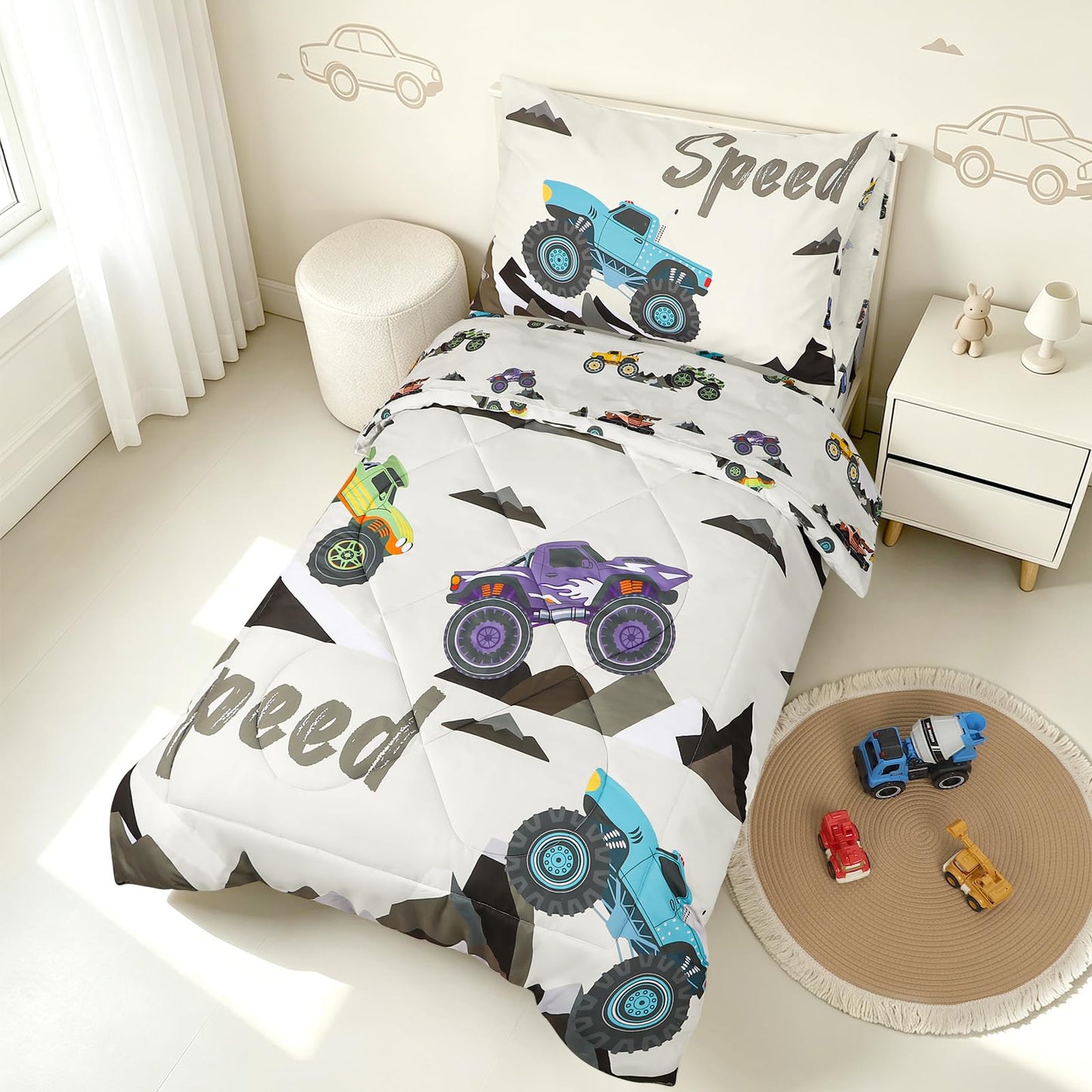DAYEEBALL 4 Piece Toddler Bedding Set, Ultra Soft and Breathable Cartoon Car Toddler Comforter Sets for Boys Includes Quilted Comforter, Fitted Sheet, Flat Sheet and Pillowcase