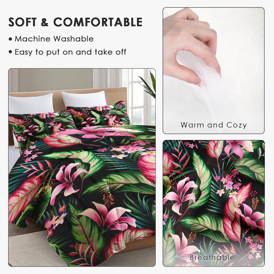 WeCozy Queen Size Comforter Set with 2 Pillowcases, Tropical Leaves Flower Hibiscus Soft 3 Pcs Bedding for Kids and Adults Bedroom Bed Decor