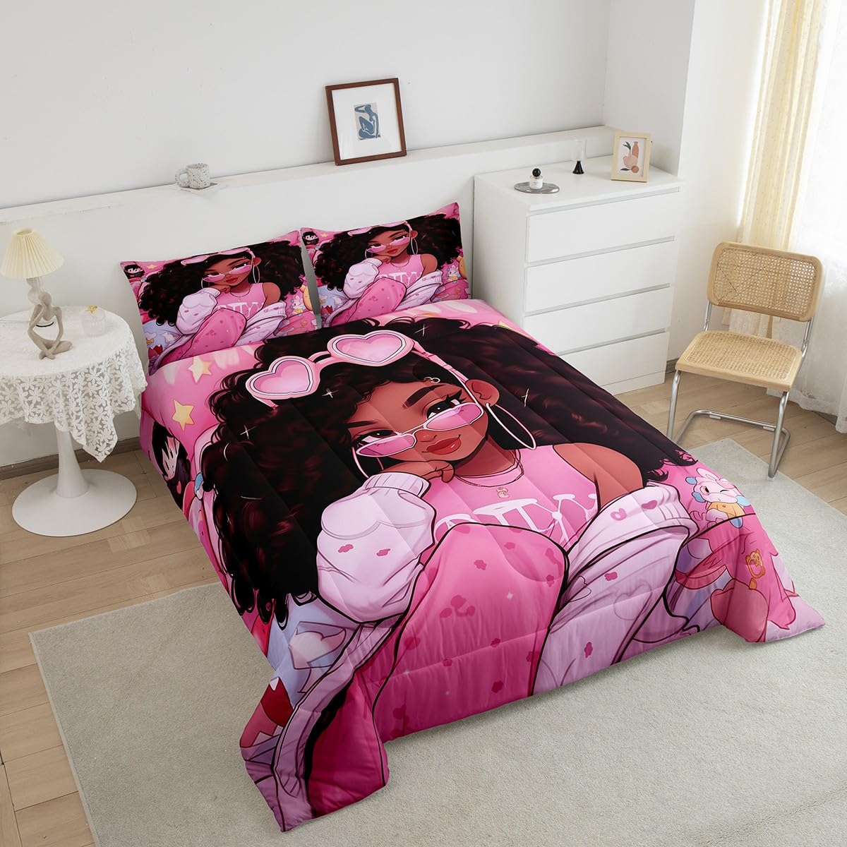 Manfei Amercian Little Girl Kids Comforter Set Full Size,Stars Love Heart Romantic Bedding Set,Girls Women Room Decor,African Theme Girls Down Comforter,Pink Princess Duvet Insert,2 Pillowcases