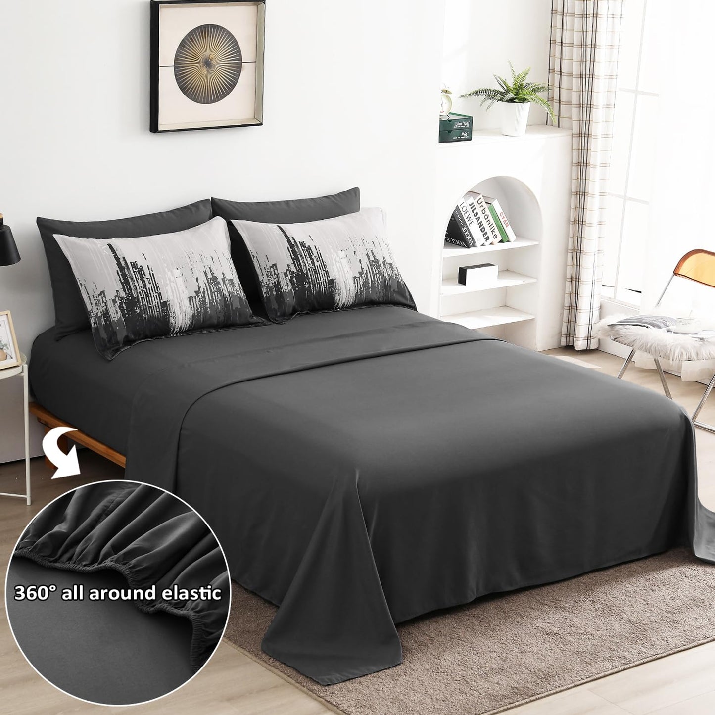 WONGS BEDDING Comforter Set Queen,Black Grey 7 Pieces Bed in a Bag Colorful Abstract Art Gradient Comforter Soft Microfiber Bedding Set with Comforter,Flat Sheet,Fitted Sheet,Pillow Shams,Pillowcases