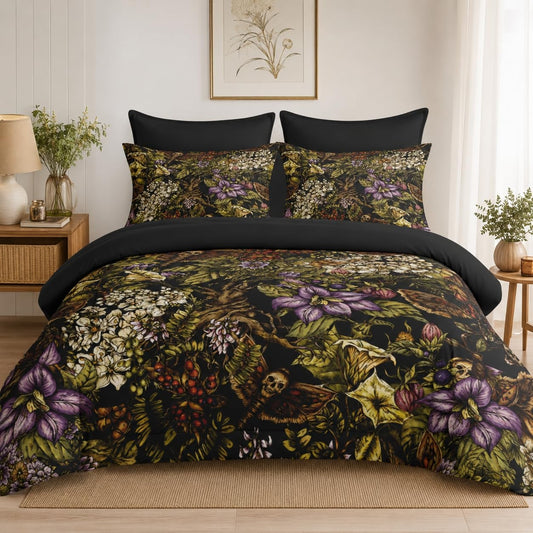 Pamnest Comforter Set Full Size, Gothic Flower Tree Plants 7 Pcs Bedding for Kids and Adults, Death Moth Green Bed Sheet Sets with Fitted Sheet 2 Pillowcases & 2 Shams for Bedroom Bed Decor