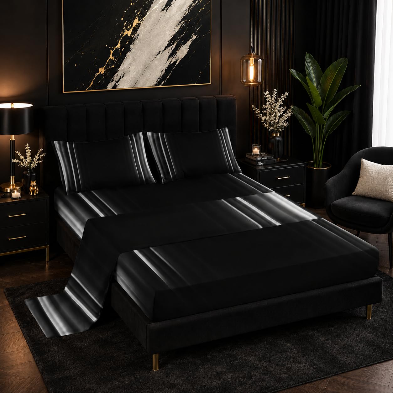 Nttopship White and Black 4 Pieces Bed Sheet SetsQUEEN Size Abstract Ombre Bedding Sets with 16" Deep Pockets Abstract Ombre Bedroom Decor,Bedding Set 4 PCS(1 Fitted+1 Flat+2 Pillowcases)