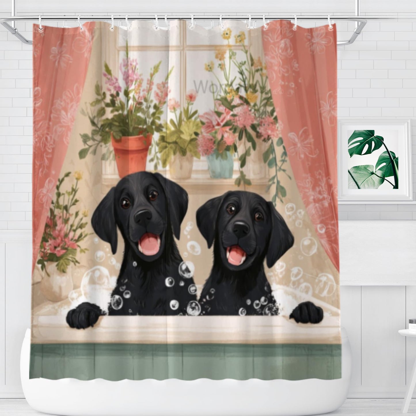Wordatu Cute Black Labrador Dog Shower Curtain Cute Hilarious Animals Puppy Wooden Window 72x72 Inch Floral Flowers Bubbles Leaves Botanical Fabric Decor Bathroom Polyester Waterproof