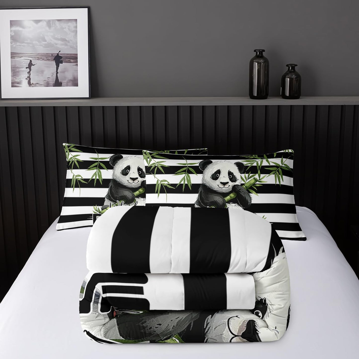 Nttopship Kawaii Panda Bedding Set - Striped Animal Theme Comforter for Girls, Kids, Teens - Twin Size With 2 Pillowcases