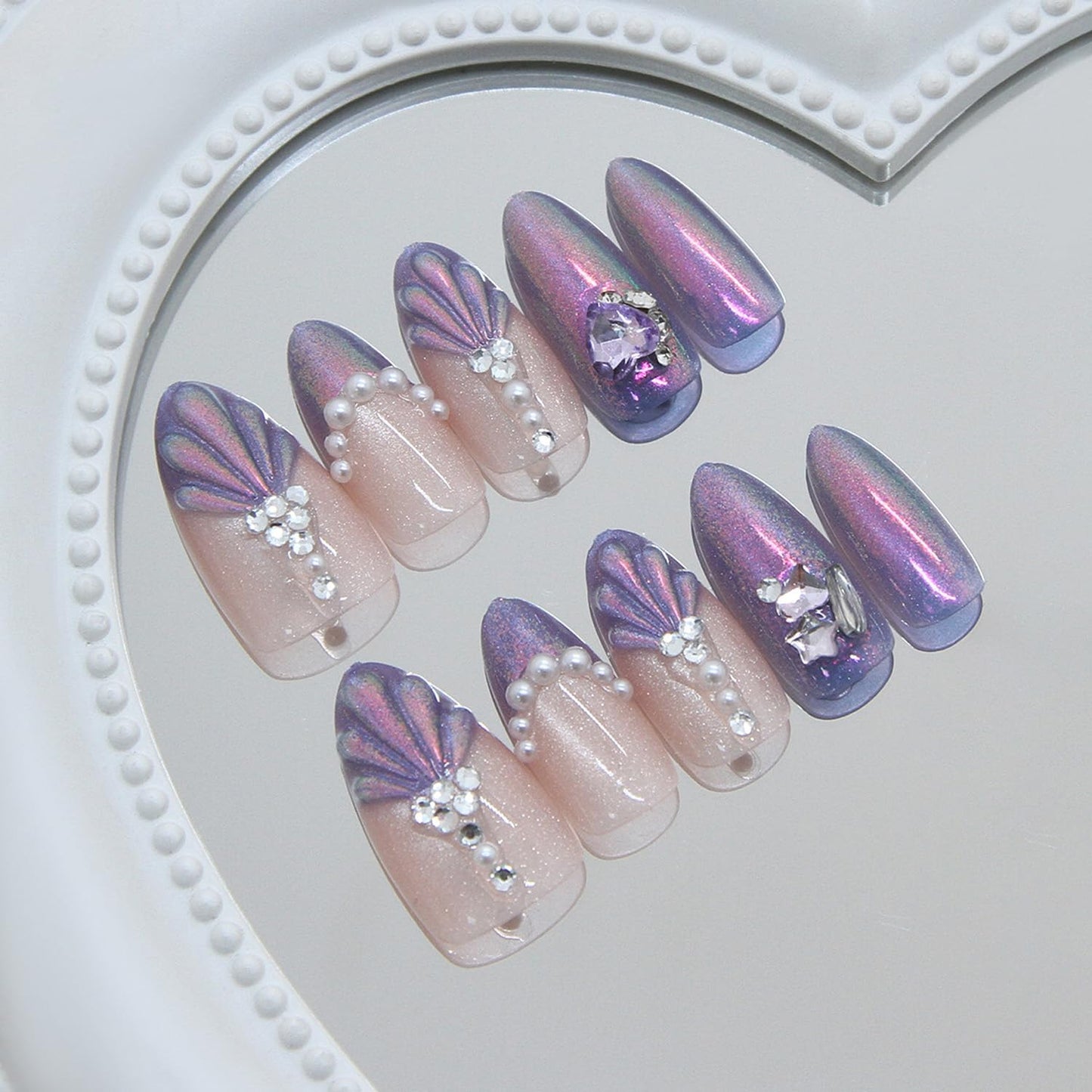 Purple Pink Mermaid Press on Nails, Medium Almond Fake Nails with 3D Shell Pearl Rhinestone Designs, Aurora Glitter False Nails for Women Wedding Party 24Pcs Nail Kit for Women French Tip Manicure