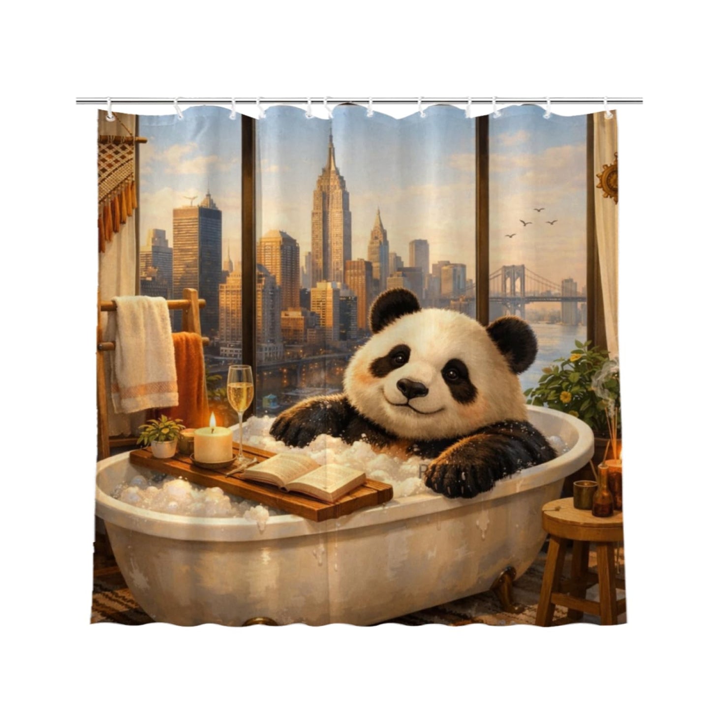 REZHOCH Funny Panda Boho Shower Curtain 72x72 Inch,Cute Animal Bathtub City Skyline Bathroom Decor Waterproof Fabric Urban Window View Modern Apartment Bath Set with Hooks