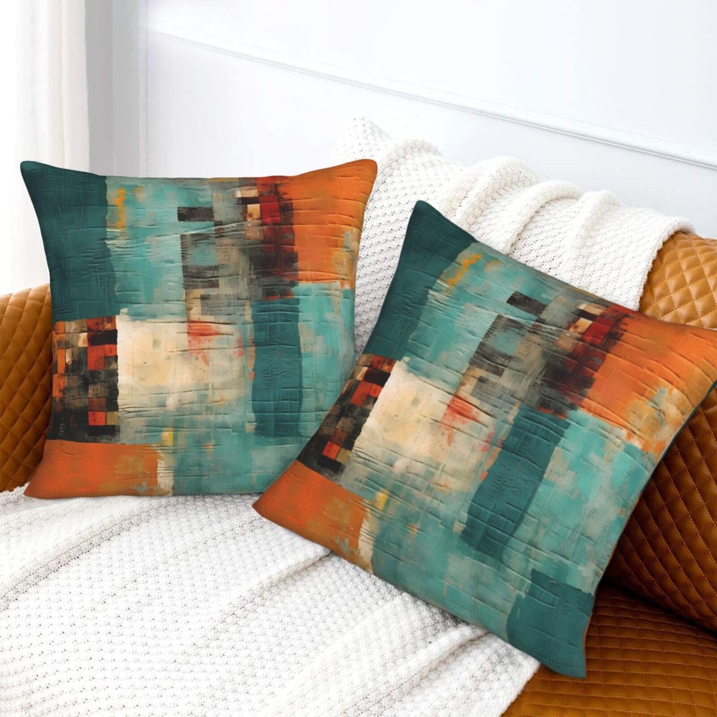 Yopiiefa Abstract Teal Green and Orange Throw Pillow Covers 18x18 Set of 2 Messy Rust Painting Decorative Pillow Covers for Sofa Couch Bed Home Decor
