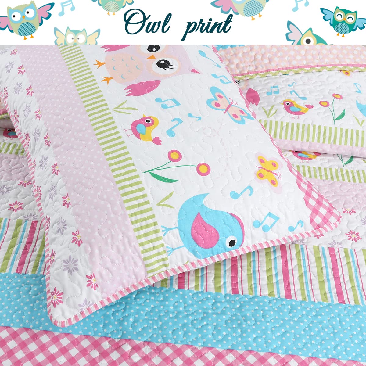 Cozy Line Home Fashions Happy Owl Pink Reversible Quilt Bedding Set, Coverlet, Bedspreads for Girls (Happy Owl, Twin - 2 Piece)