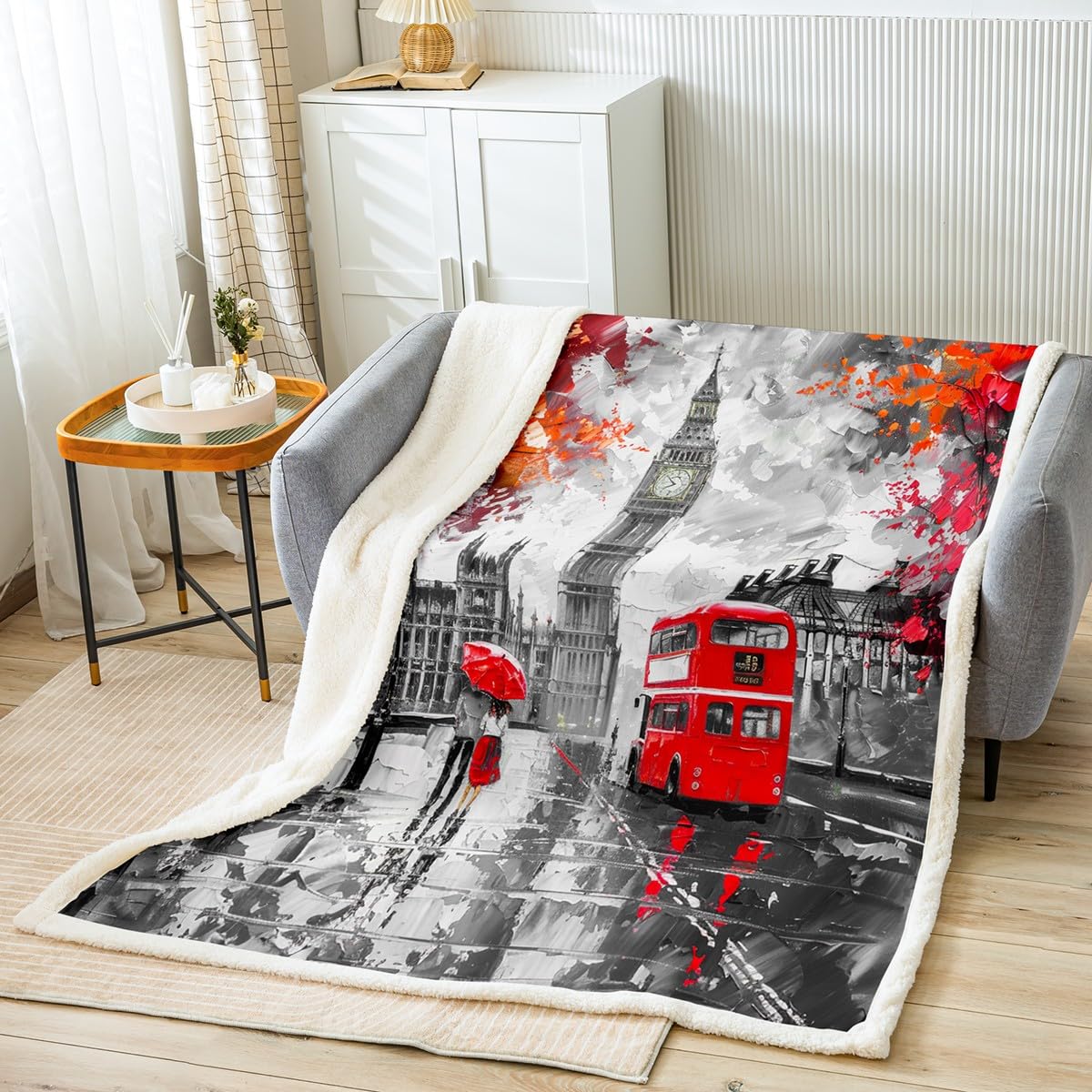 London Sherpa Blanket for Bed Sofa Couch Couples Soft Big Ben Fleece Throw BlanketGrey Red Double Decker Bus Pattern Plush Blanket Decorative Chic Paris Cityscape Fuzzy Blanket Street King 87"x95"