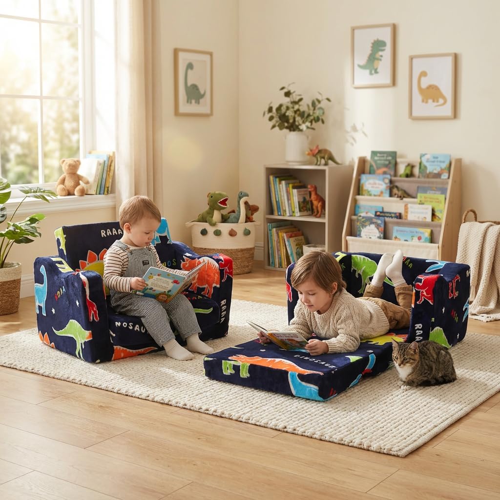 ONEKUKA Toddler Couch, Glow in the Dark Dinosaur Kids Couch, 2-in-1 Foldable Flip Open Kids Sofa Chair for Reading, Playtime and Playroom, Gift for Boys and Girls