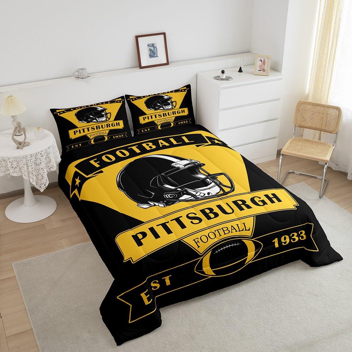 Feelyou Football Comforter Set,Pittsburgh Bedding Set Full Size,American Football City Comforter,Football Fans Gifts Bed Set