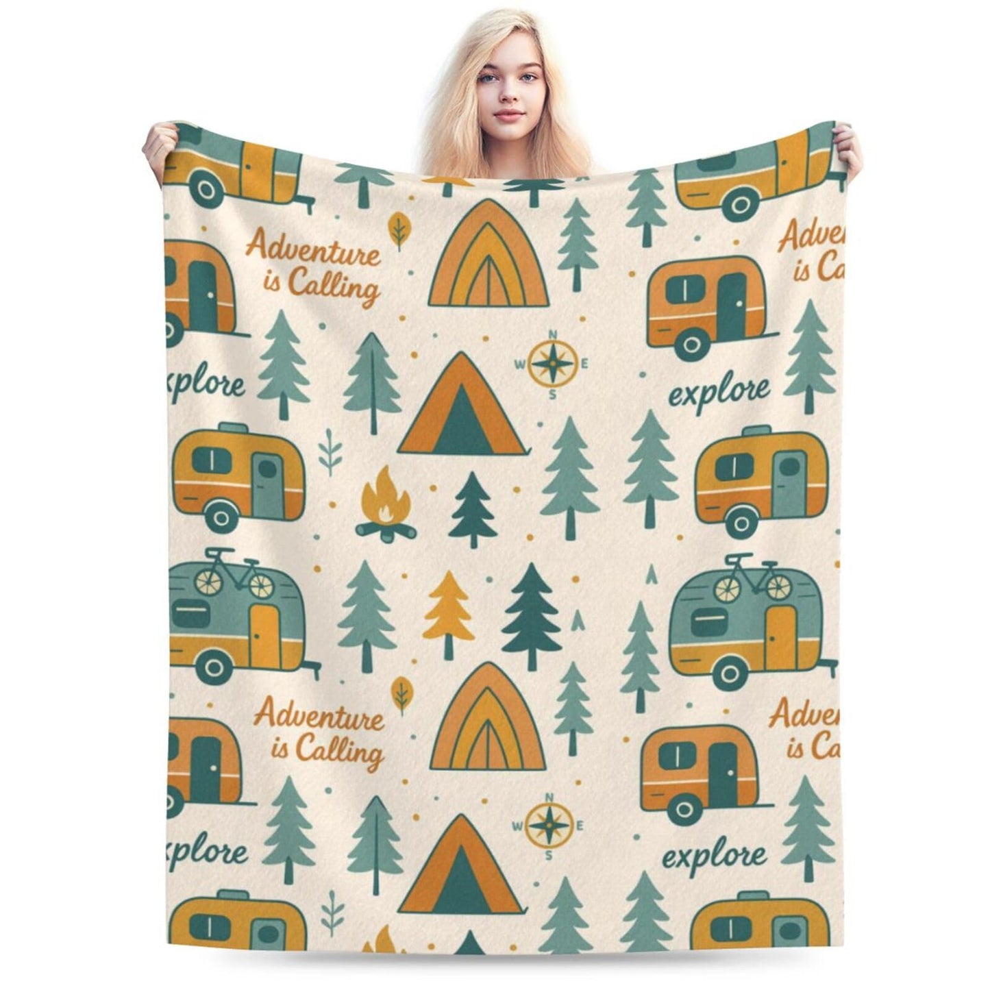 Qycazzw Adventure Camping Blanket 50"x60", Explore and Camp Throw Blankets, Gifts for Women Girls Kids, Soft Lightweight Fleece for Sofa Room Couch Bed Travel Modern Decor