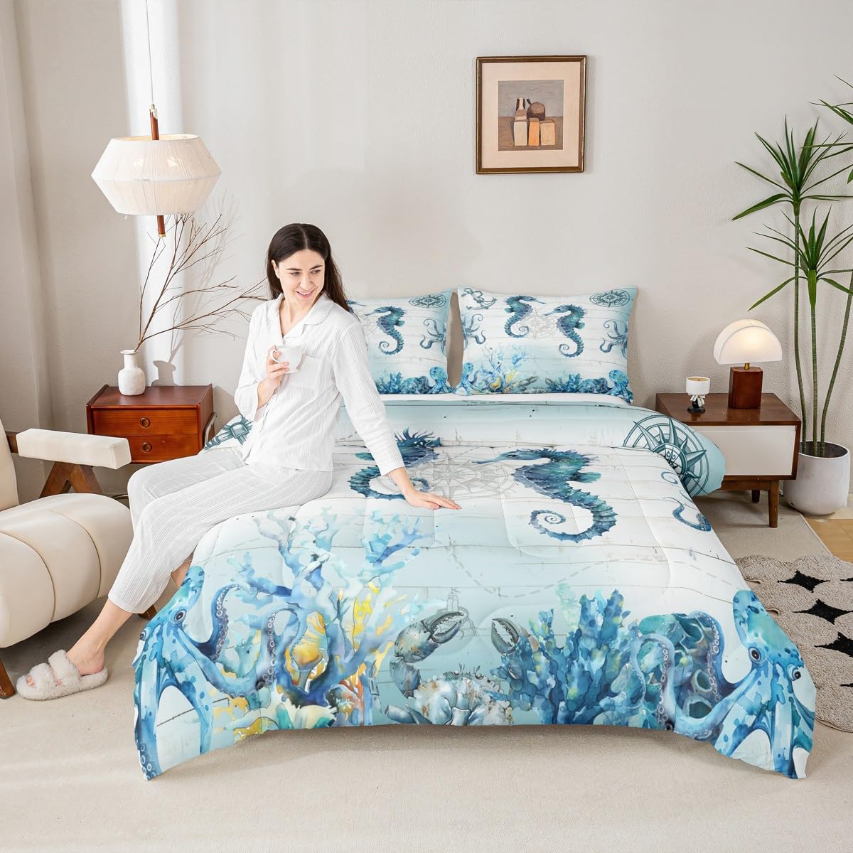 Manfei Hippocampus Comforter Set Twin Size, Sea Turtle Seahorse Octopus Quilt Set with 1 Pillowcase, Nautical Anchor Compass Bedding Set 2pcs for Kids Boy Girls Marine Life Duvet Insert