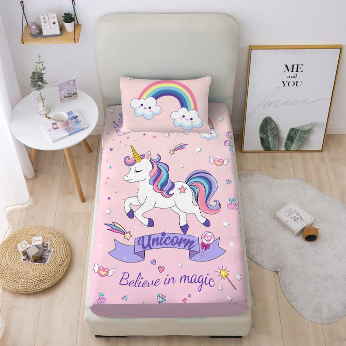 MUSOLEI Unicorn Sheet Unicorn Fitted Sheets Rainbow Bed Set Kids Sheets Kids Bedding Girl Bedding Girl bedset 1 Fitted Sheet with 1 Pillowcase （Twin）