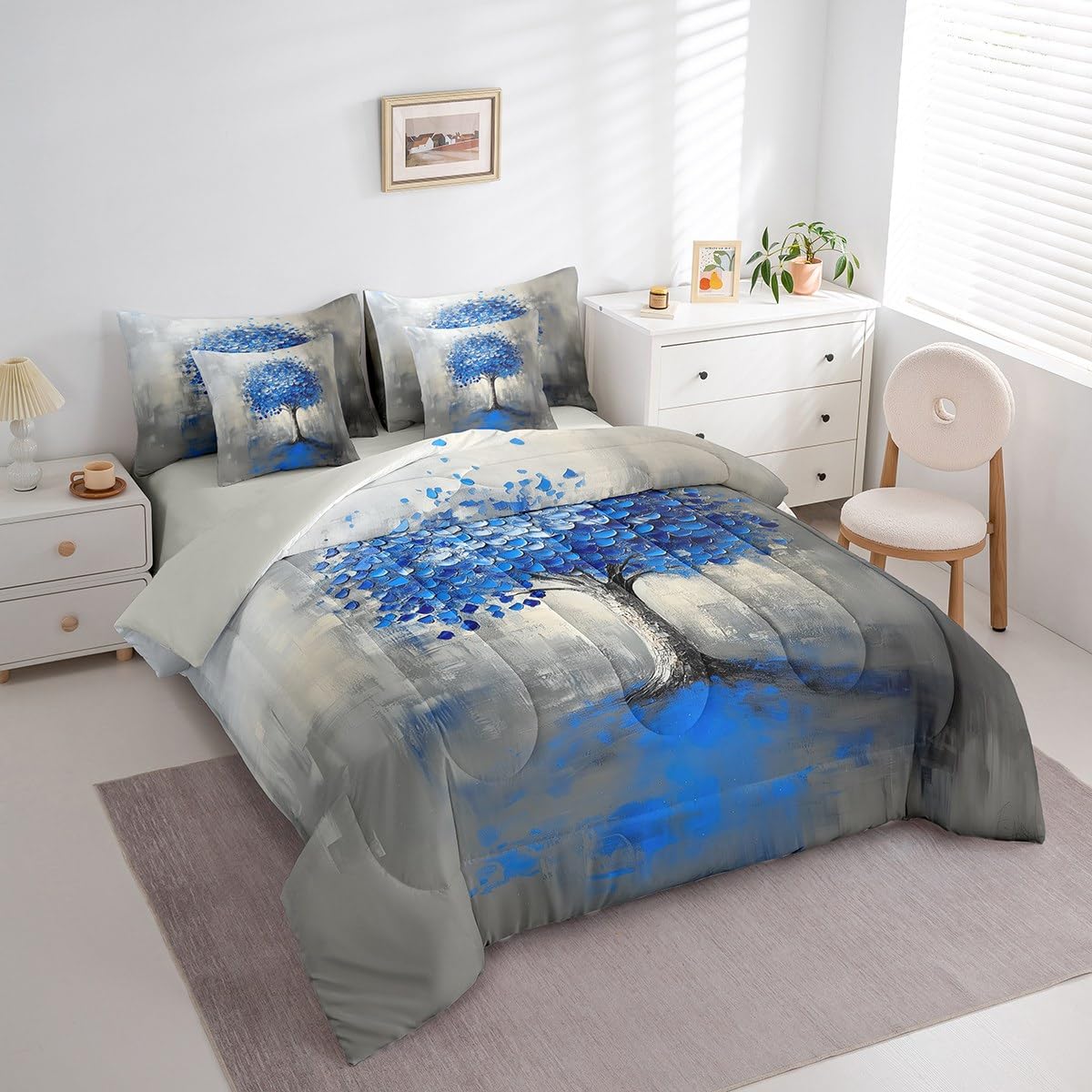 Blue Tree Branches Pattern 7 Pieces Bedding Set Twin Size Kids Leaf Branches Bed in a Bag with Comforter, Sheets, Pillowcases Fallen Leaves Bed Set Breathable Botanical Room Comforter Set with Sheets
