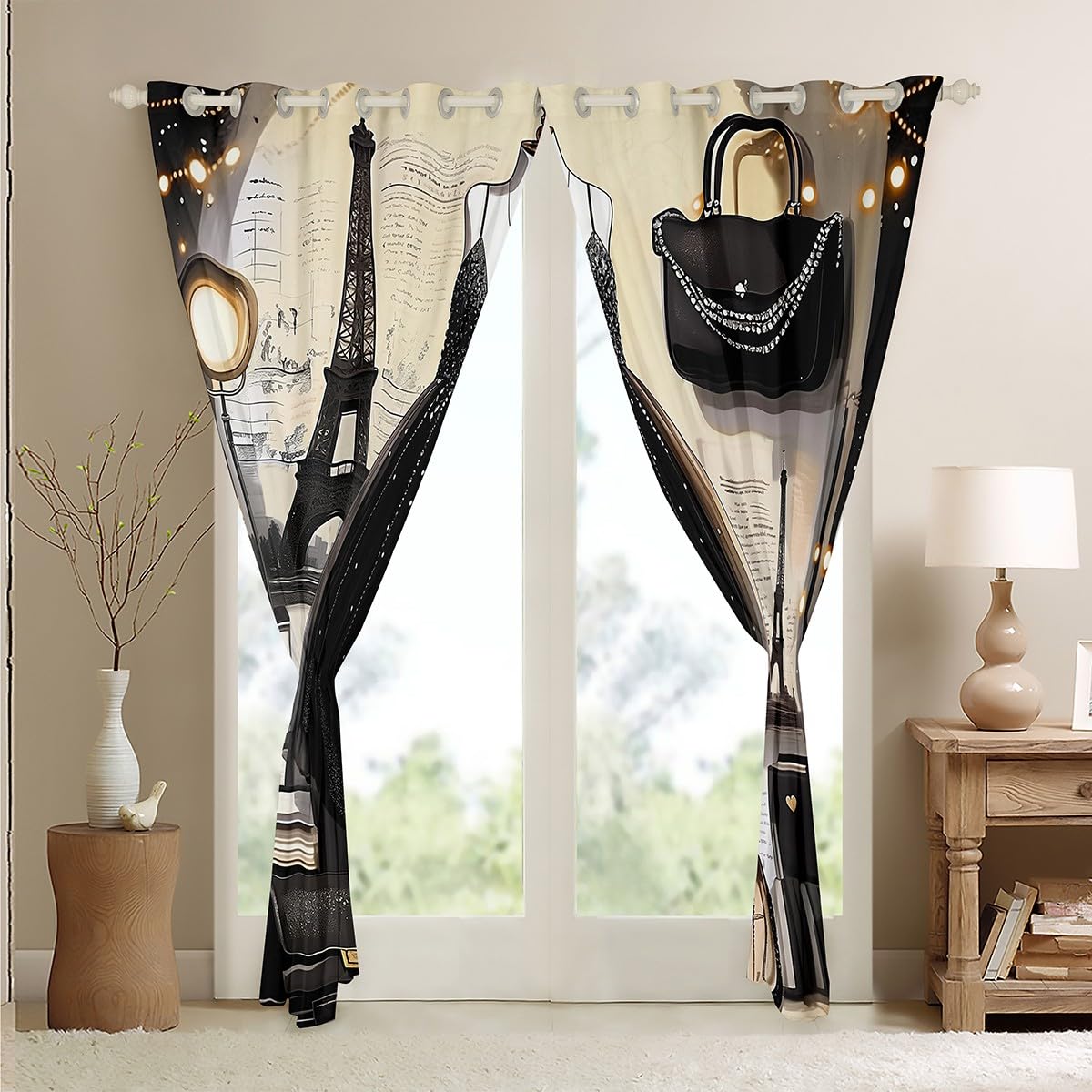 Erosebridal Fashion Dress Blackout Curtains Fashion Girly Black Dress Curtains Eiffel Tower Paris Style Bedroom Curtains Romantic Makeup Themed Window Curtains Women Perfume Print Curtains,76" Wx45 L