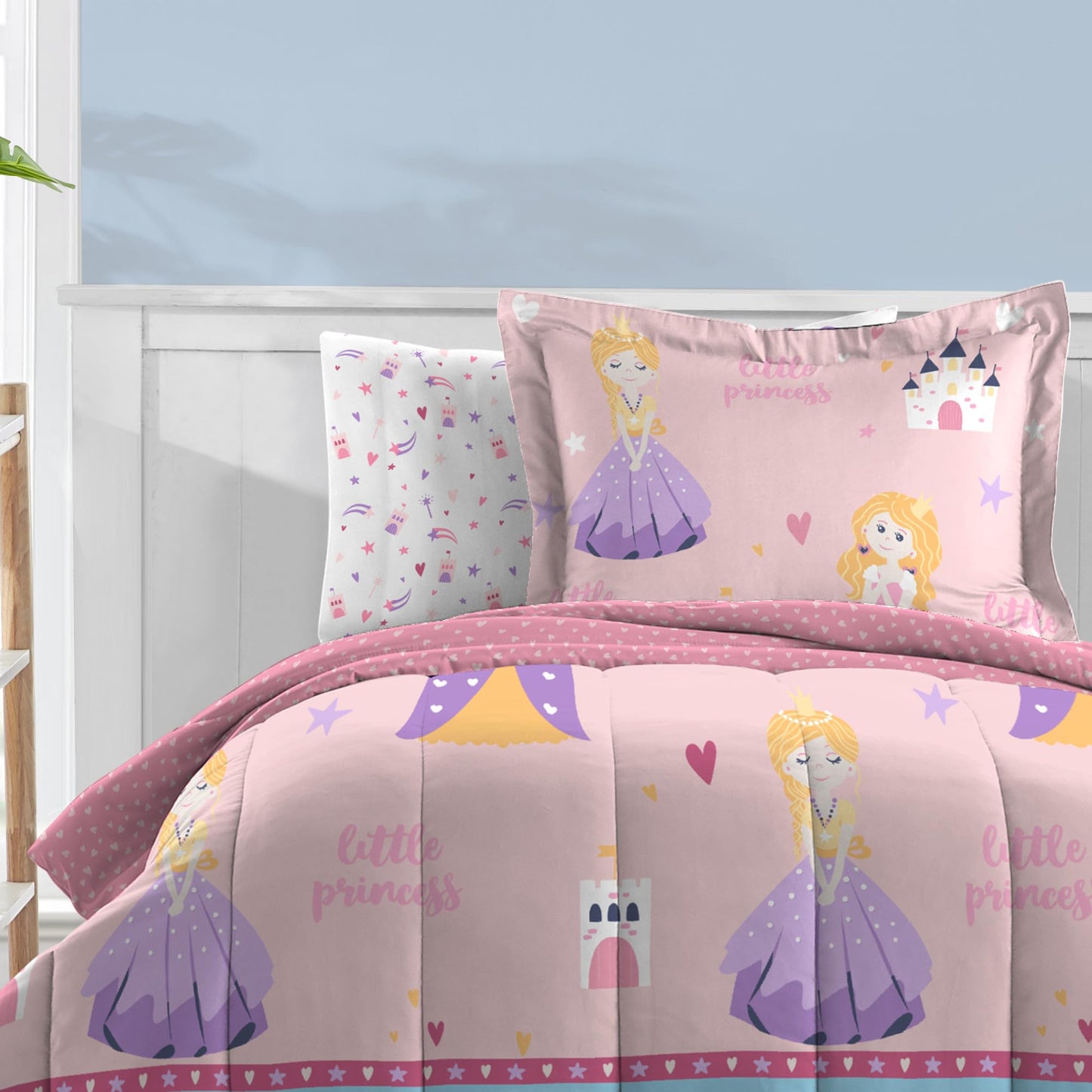 Dream Factory Kids 5-Piece Complete Bed Set Easy-Wash Super Soft Microfiber Comforter Bedding, Twin, Pink Little Princess