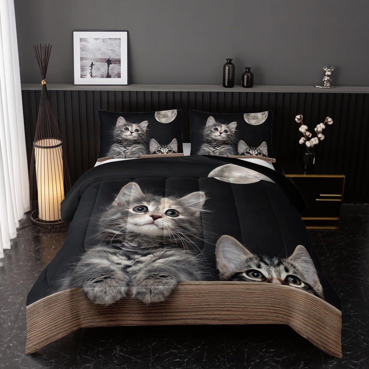 Nttopship Kids Cute Cat Comforter Bedding Set Twin,Grey Kawaii Pet Cat Bedding Set 3 Piece for Teens Kids Boys Girls Adults Animals Pattern Room Decor Soft Comforter with 2 Pillowcases