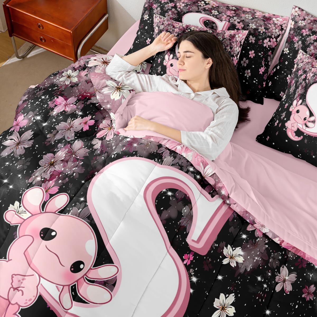 Erosebridal Japanese Cherry Blossom Bedding Set (Twin Size,7 Pieces) Cute Initial Axolotl Comforter Set with Sheets for Teen Girl Pink Axolotl Bed in A Bag with Letter S Design Monogram Duvet Insert