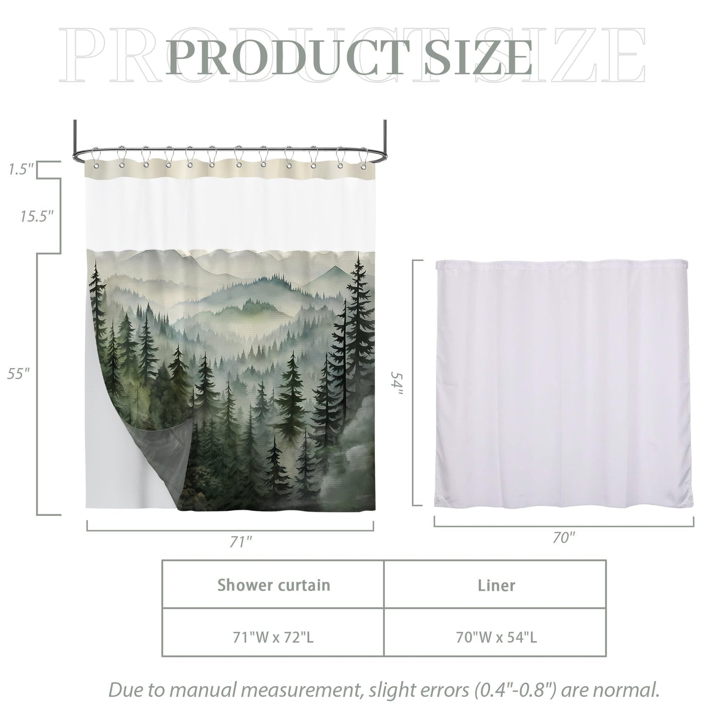 soeeao Forest See Through Mesh Top Shower Curtain with Window, Nature Mountain Double Layer Shower Curtains with Snap in Liner with Magnets, Waterproof Cloth Fabric with Hooks, 71" W x 72" L