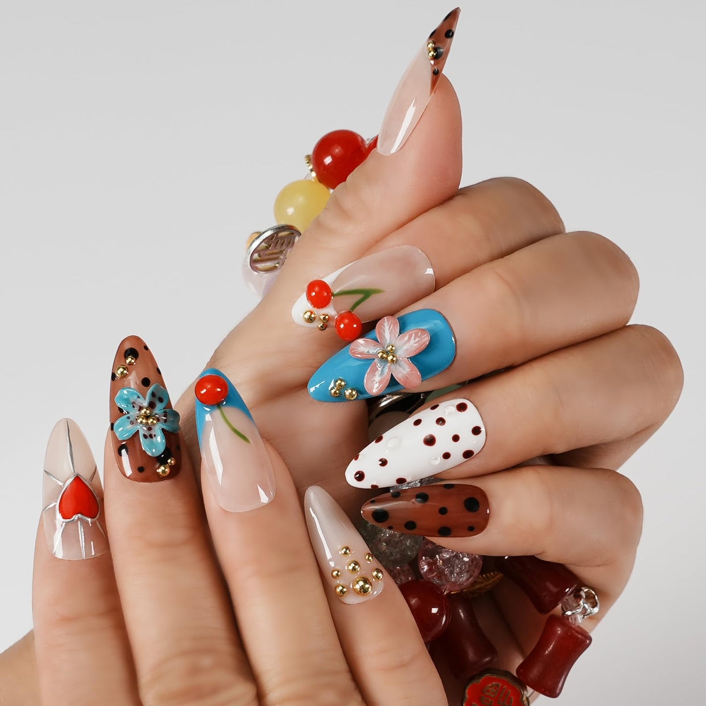 Tesytto Handmade Press On Nails Almond Shape, 3D Cherry & Flower Fake Nails with Gold Beads, Polka Dot & Heart Design Glossy Reusable Acrylic False Nails for Women Girls (Sweet Fun Flower Cherry, M)