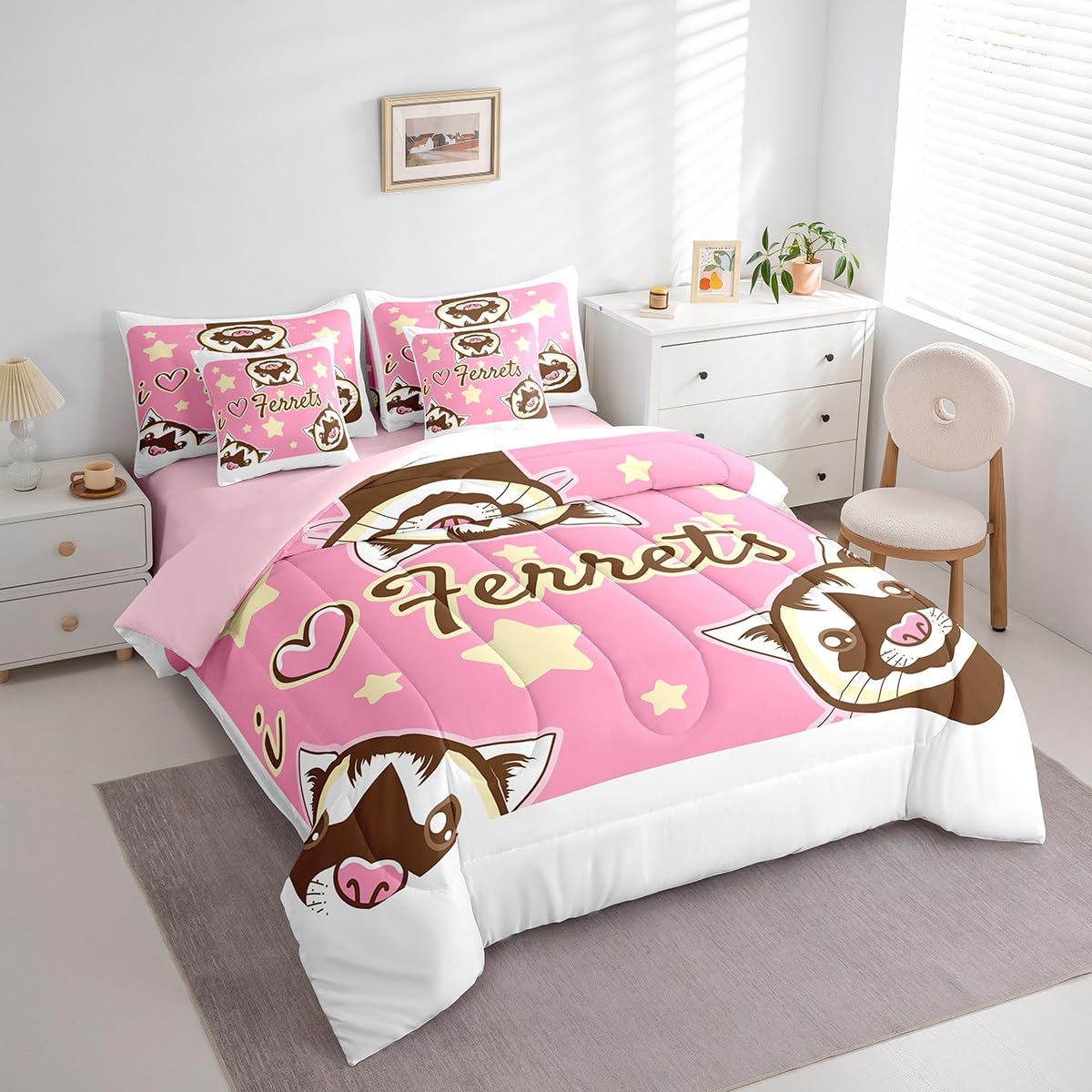 Erosebridal Ferret 7 Piece Comforter Set Full Bed in a Bag,Cartoon Ferrets Bedding Sets Lovely Wild Animals Comforter and Sheet Set,Cute Wildlife Kawaii Stars Room Decor