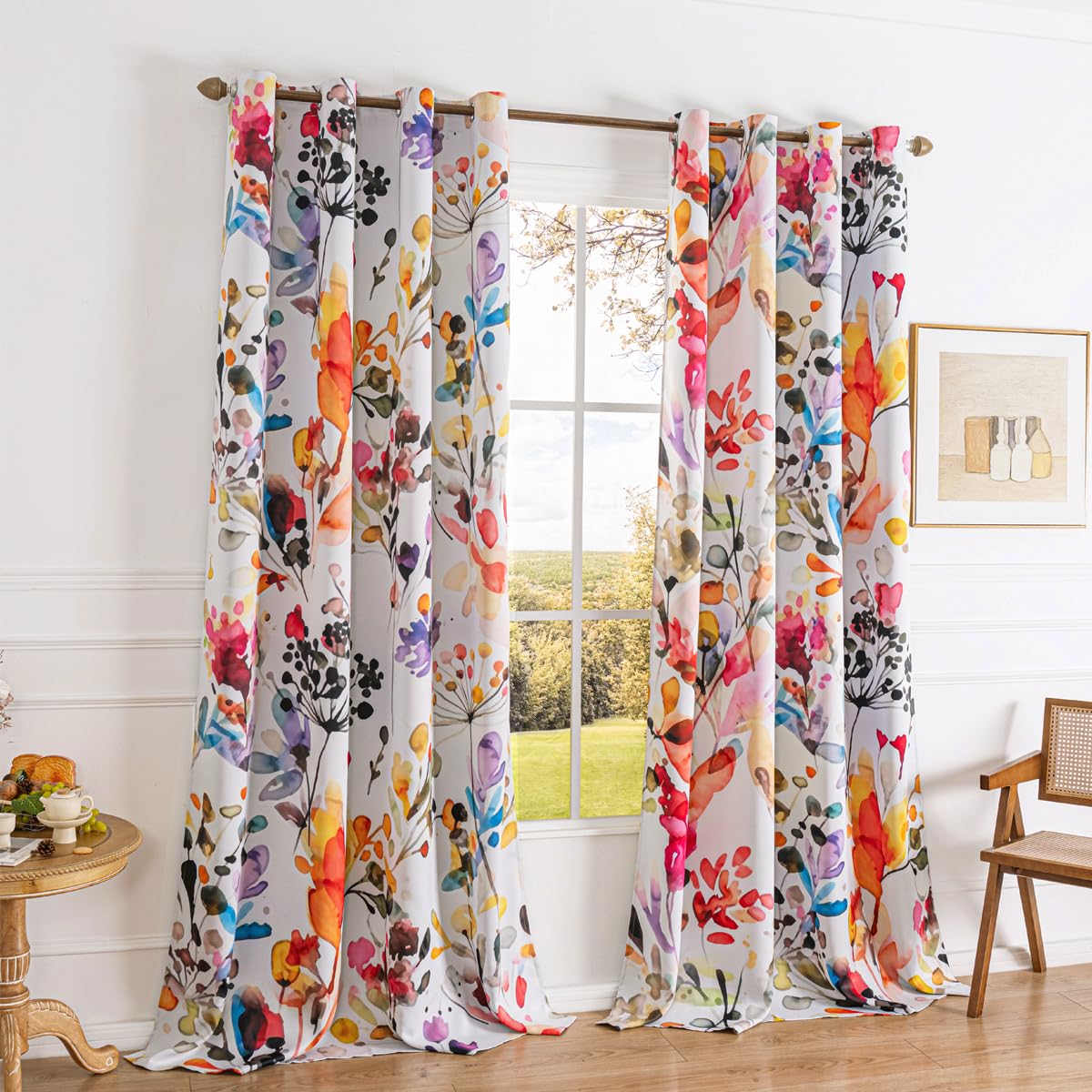 Boho Floral 100% Blackout Curtains 84 Inch Length 2 Panels Set Grommet Watercolour Flower Bohemian Pattern Black Out Thermal Insulated Drapes Window Treatment for Bedroom Living Room 52 x 84 Inch
