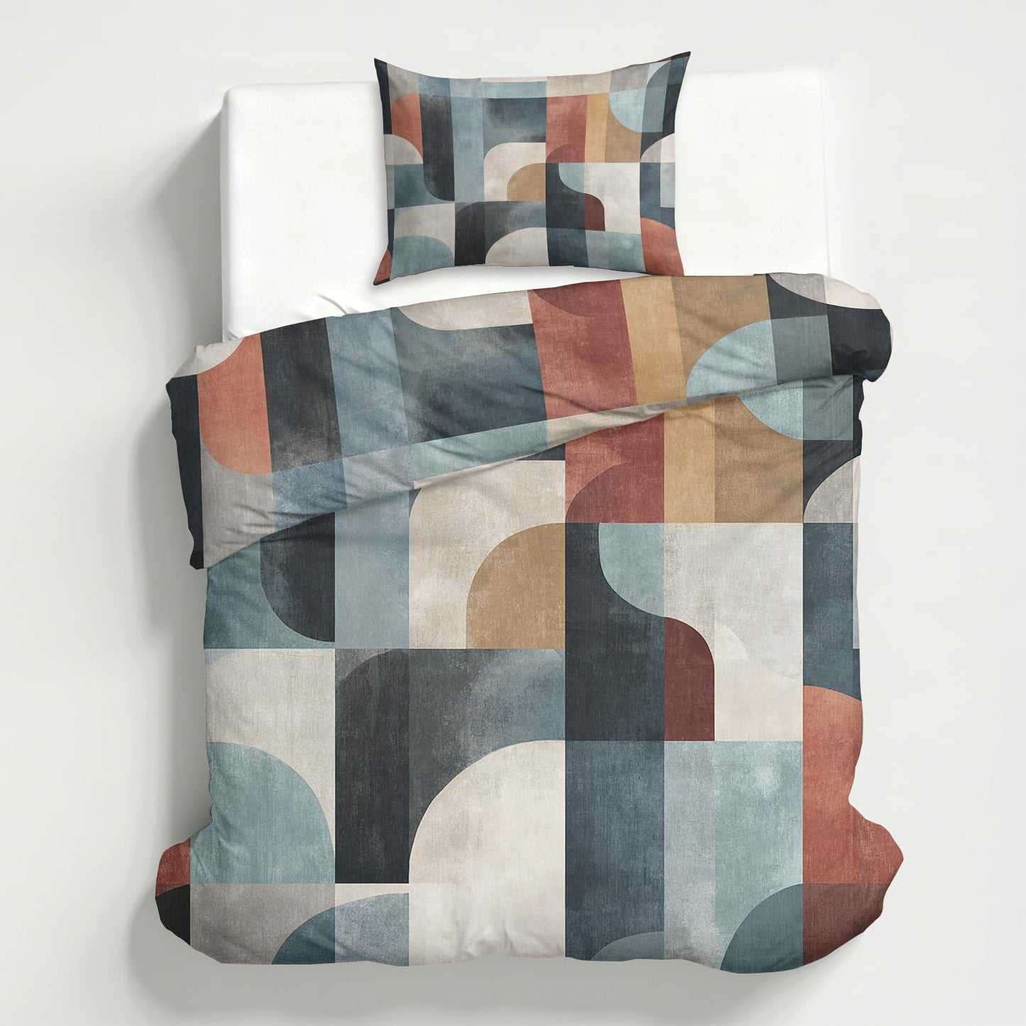 Mid Century Modern Duvet Cover Twin Size, MCM Geo Bedding Set 2 pcs with 1 Pillow Cover, Abstract Geometry Bedroom Decor, Soft Microfiber Reversible, Zipper & Ties KJJT 108