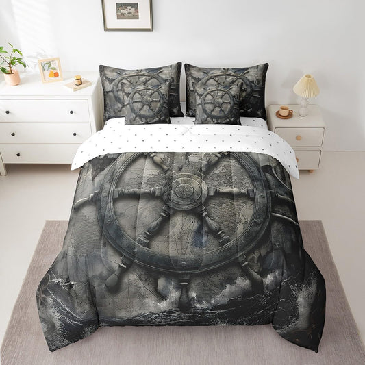Erosebridal Nautical Comforter Set 7 Piece Bed in a Bag Twin,Vintage Steering Wheel Bedding Sets Grunge Retro Ocean Decor Sheet Set with Comforter