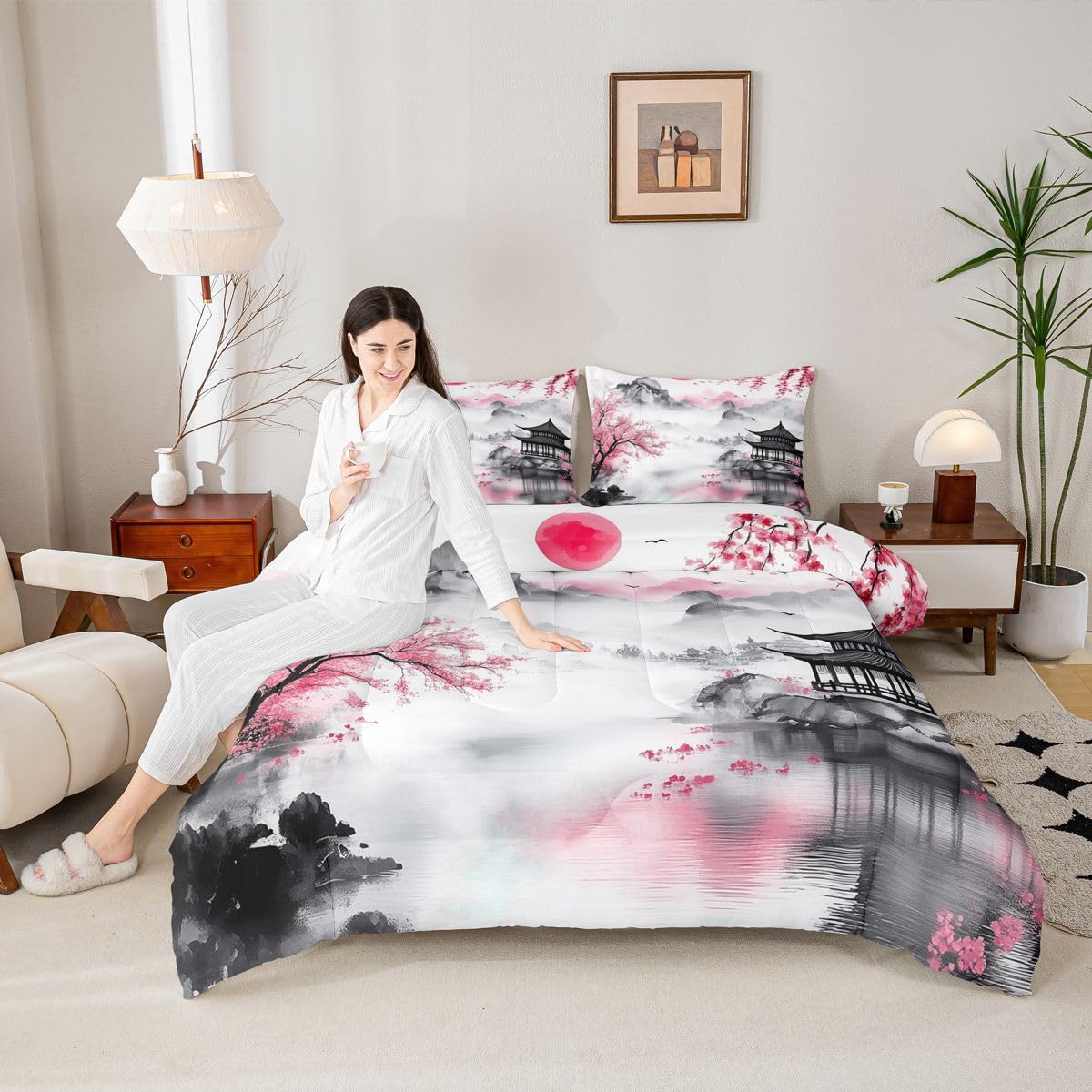 jejeloiu Chinese Ink Painting Comforter Set Queen Size Cherry Blossom Bedding Set for Kids Boys Girls Japanese Style Duvet Quilt Mountain Red Sun Bedroom Decor Microfiber 3 Pcs with 2 Pillow Cases