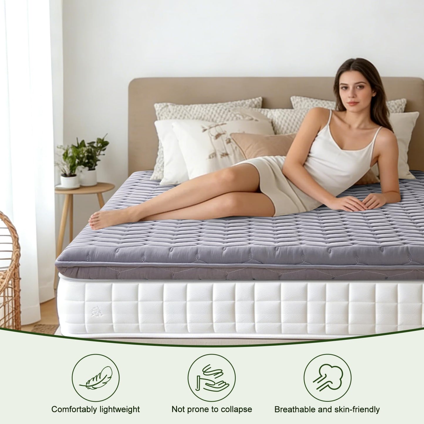Premium Foam Mattress Topper Queen – Medium Firm Supportive Bed Topper for Pressure Relief, Hypoallergenic & Breathable Mattress Pad, Stain-Resistant Gray (Queen Size: 80×60 Inches)