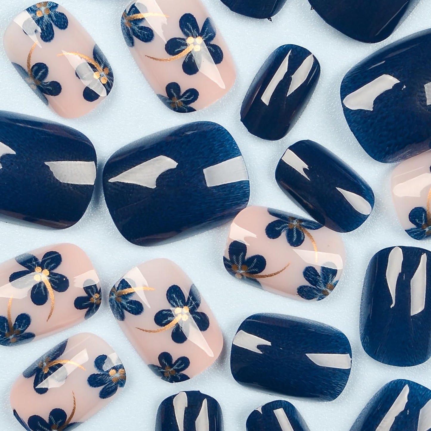 Flower Press On Nails Short Blue Fake Nails Square Spring Nails Press Ons Artificial Acrylic False Nails With Blue Flowers Designs Full Cove Glue On Nails Summer Stick On Nails For Women 24Pcs