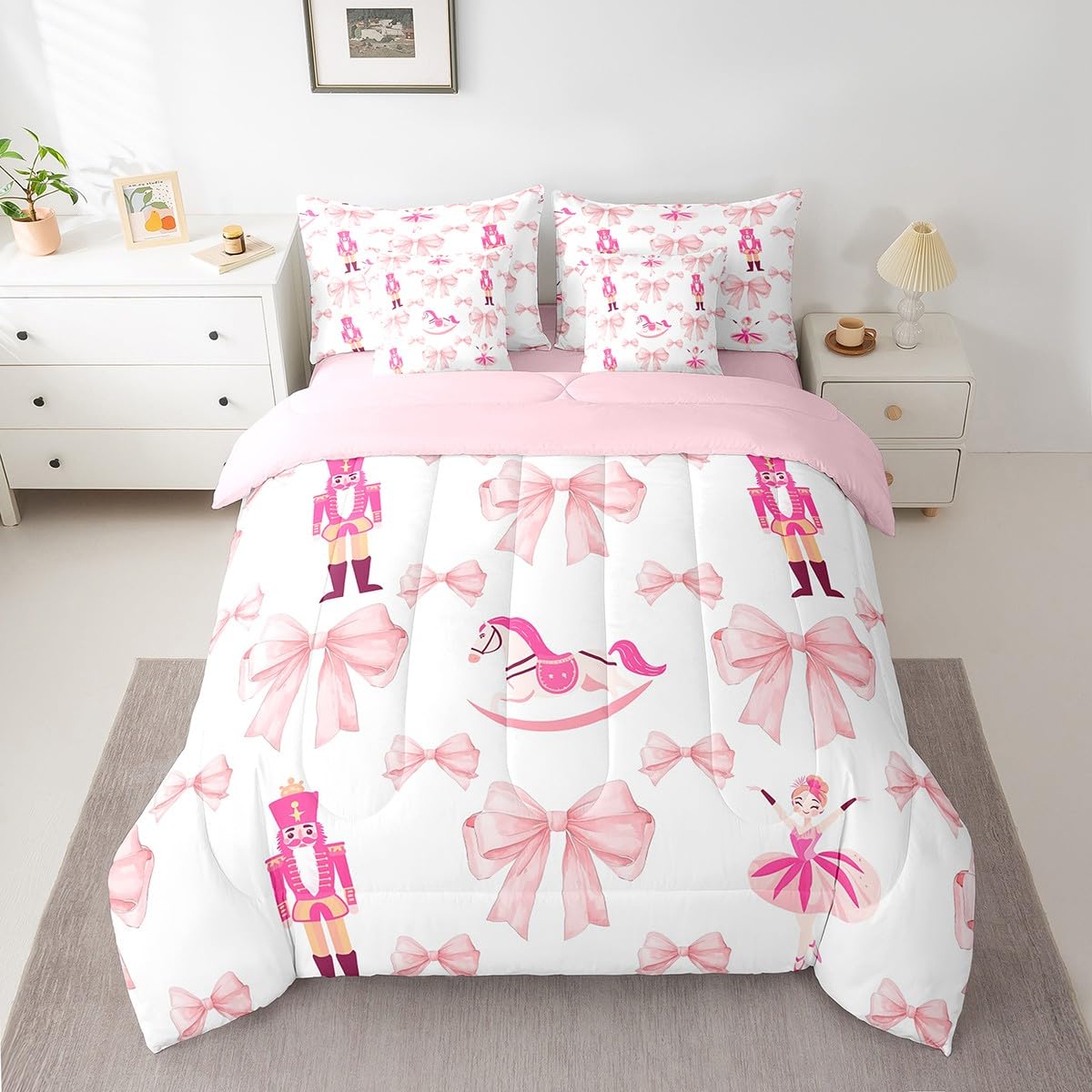 Erosebridal 7 Piece Pink Bow Comforter Set King Bed in a Bag,Cute Nutcracker Bedding Set for Girls Child,Kids Bowknot Trojans Duvet Insert,Ballet Girl Dancer Quilt,Dreamy Princess Style Sheet Set
