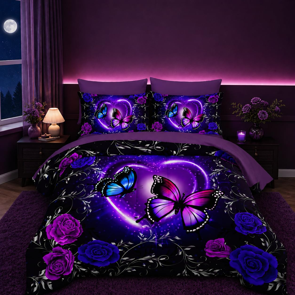 Tuzaovy Purple Butterfly Comforter Set 7 Piece Queen Size Bed in A Bag,Dreamy Butterfly Bedding for Girls Room Decor,Soft Microfiber Comforter with Fitted Sheet,Flat Sheet, Pillowcases & Shams