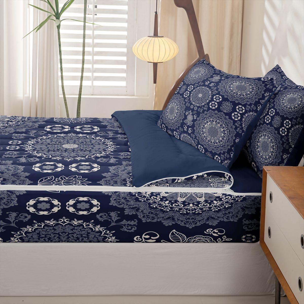 Feelyou Boho Mandala Comforter Set Bohemian Style Zipper Bedding Twin Hippie Mandala Boys Girls Comforter Set with Fitted Sheet and Pillowcases Bed Sheet Sets with Fitted Bed Decor