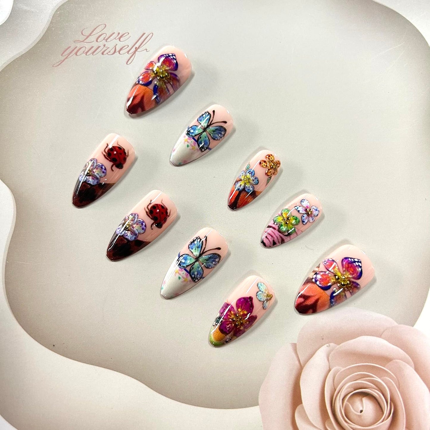 French Tip Press on Nails Medium Almond Shaped Colorful Flower and Butterfly Pattern Design Rhinestones False Nail Blossom Stick on Nail Full Cover Press Ons Almond Tip Glue on Nails for Women
