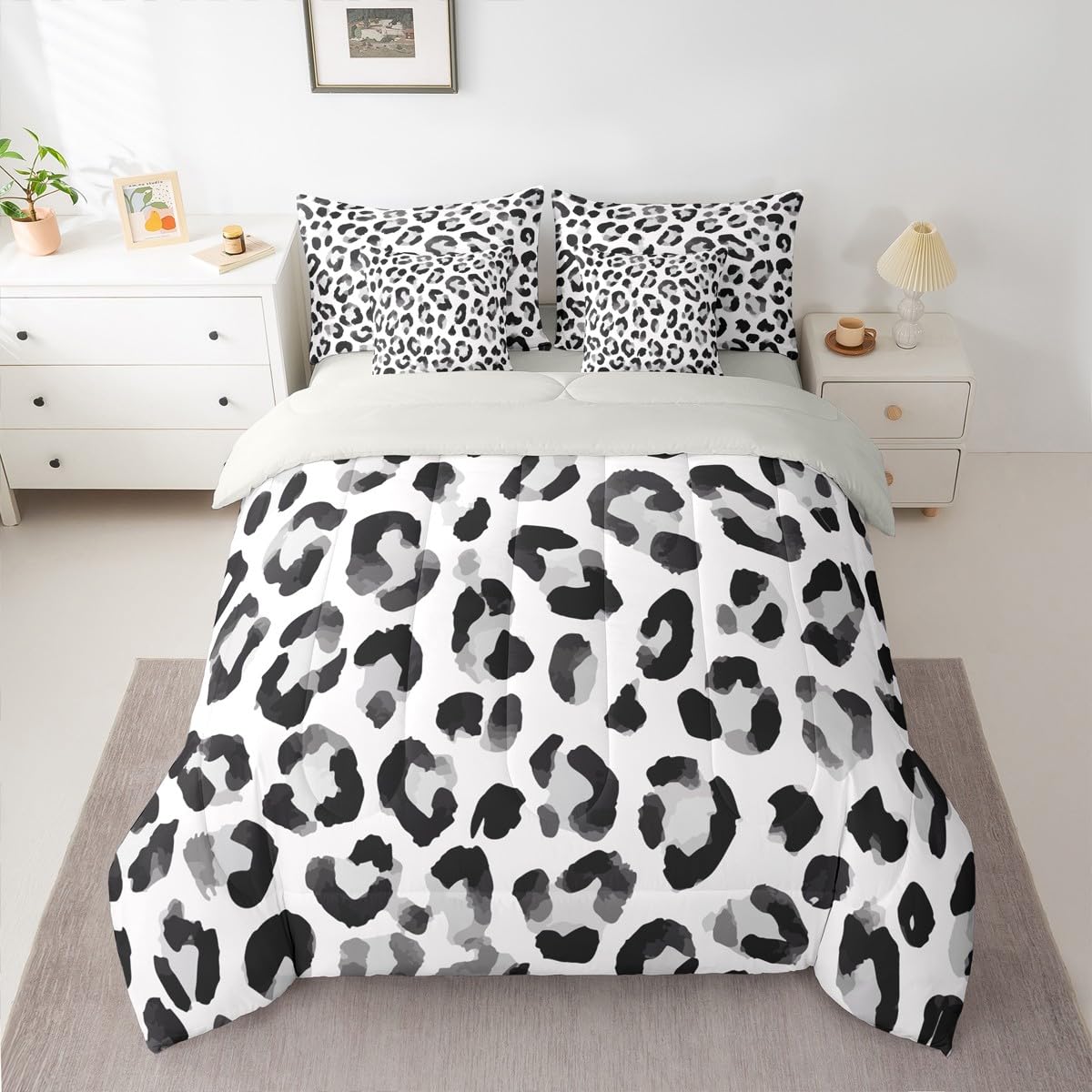 Erosebridal 7 Pcs Comforter Set King Size,Leopard Print Wild Animal Bedding Set for Kids and Adults,Black Grey White African Cheetah Wildlife Bed Sheet Sets with Fitted Sheet Pillowcases & Shams