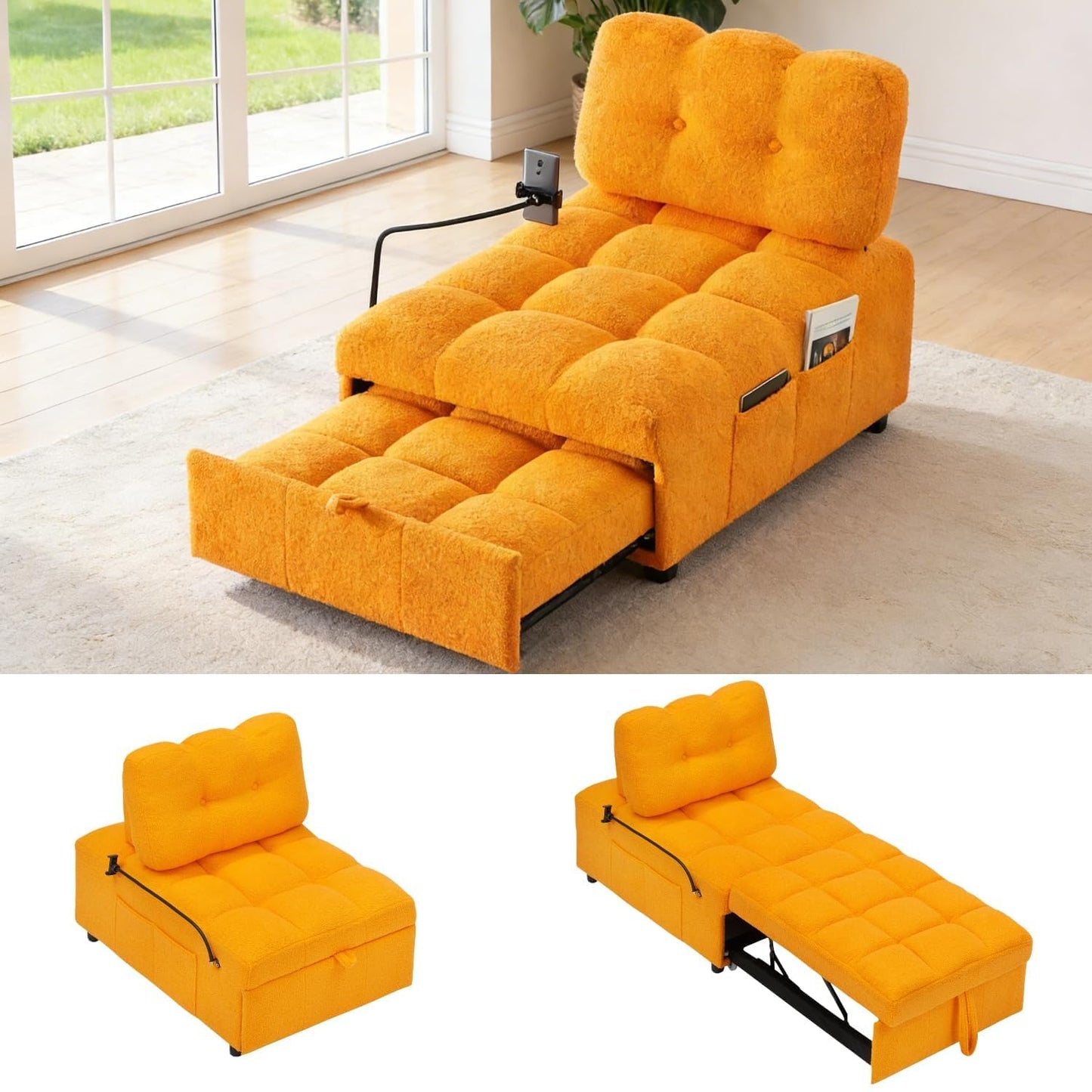 JvFun 40" L Convertible Sofa Bed, 3-in-1 Multifunctional Lounge Sleeper,Pullout Guest Bed with Side Pocket & Phone Holder, Adjustable Backrest | Design for Small Spaces, Living Room & Bedroom,Orange