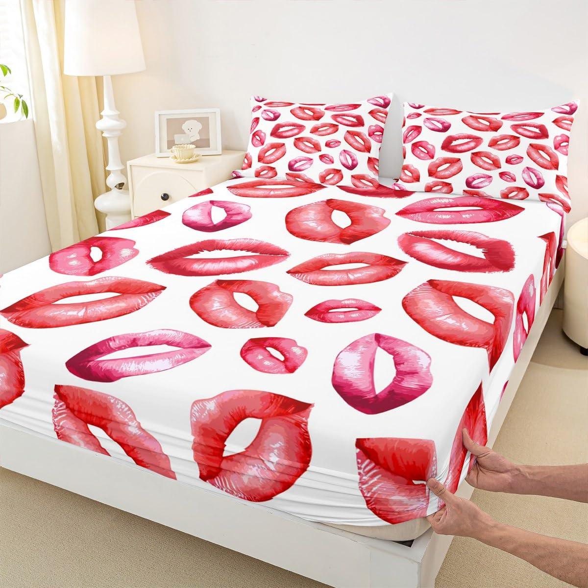 Feelyou Sexy Lips Bed Sheet Set for Girls Woman Kiss Fitted Sheet Feminine Red Lips Bedding Set Lipstick Print Bed Cover Luxury Bedroom Decor 3Pcs Sheets Queen Size Red White
