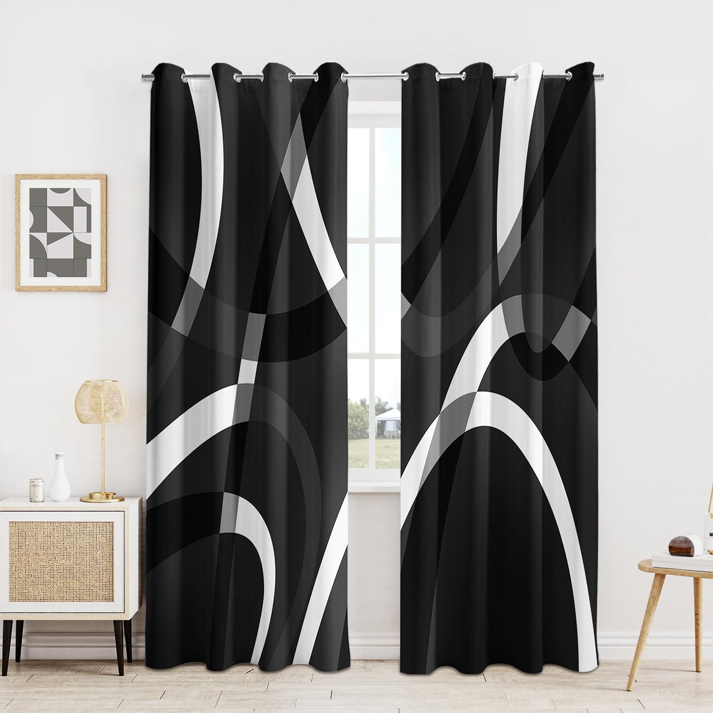 weesire Black and White Blackout Curtains for Bedroom Living Room 2 Panels 100% Blackout Modern Circle Pattern Curtains Abstract Stripe Curtains, 52x84 Inches