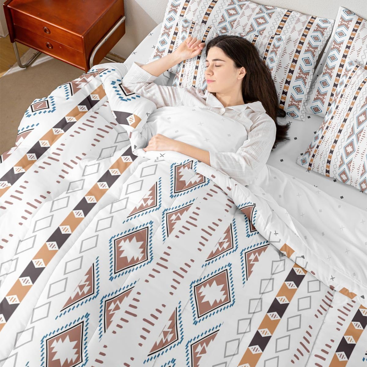 Bohemian Bed in a Bag Queen Comforter Set 7 Piece Geometric Triangle Western Bedding Sets Boho Striped Aztec Comforter and Sheet Set, Country Rustic Bed Sets Exotic Nordic Southwestern Decor,White