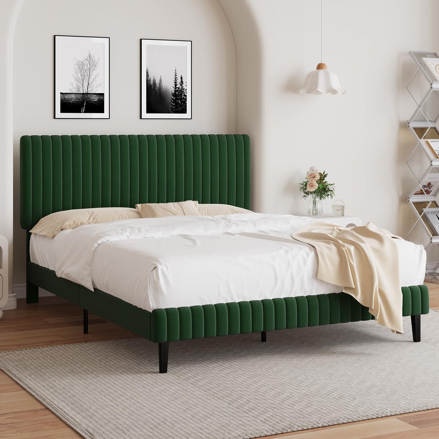 BarnFurin Queen Size Bed Frame, Velvet Upholstered Platform Bed with Vertical Channel Tufted Headboard and Footboard, No Box Spring Required, Easy Assembly, Green