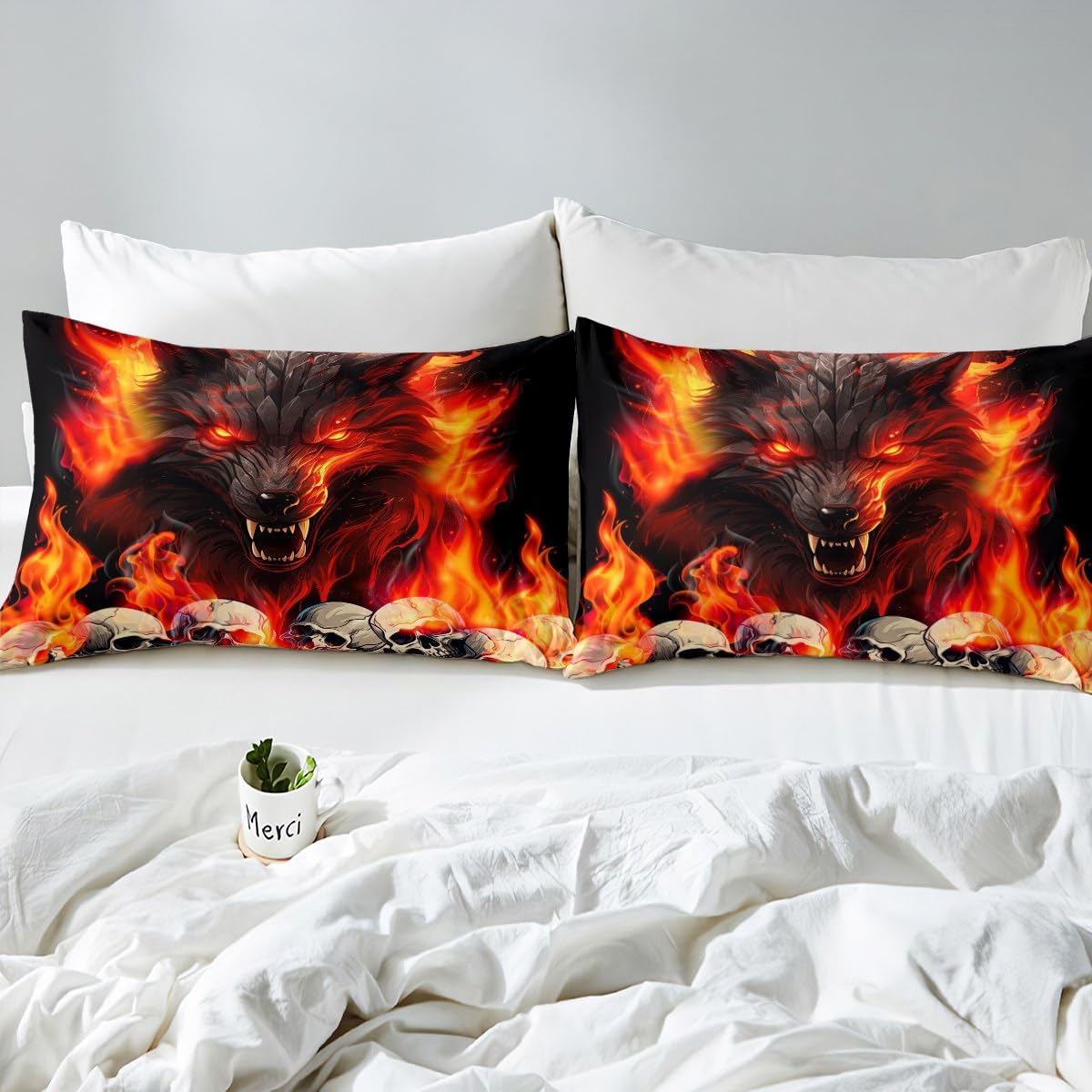 Manfei Fire Wolf Fitted Sheet Twin Size, Orange Flame Gothic Skull Bed Cover with 1 Pillowcase, Wild Animal Theme Bedding Set 2pcs for Kids Boys Teens Adults, Soft Polyester Bedding
