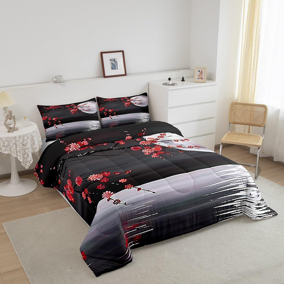 Manfei Dreamy Moon Night Twin Size Comforter Set for All Seasons,Red Flower Lake Bedding Set Teens Bedroom Decor,Romantic Japanese Style Comforter Inner Fill with 1 Pillowcase