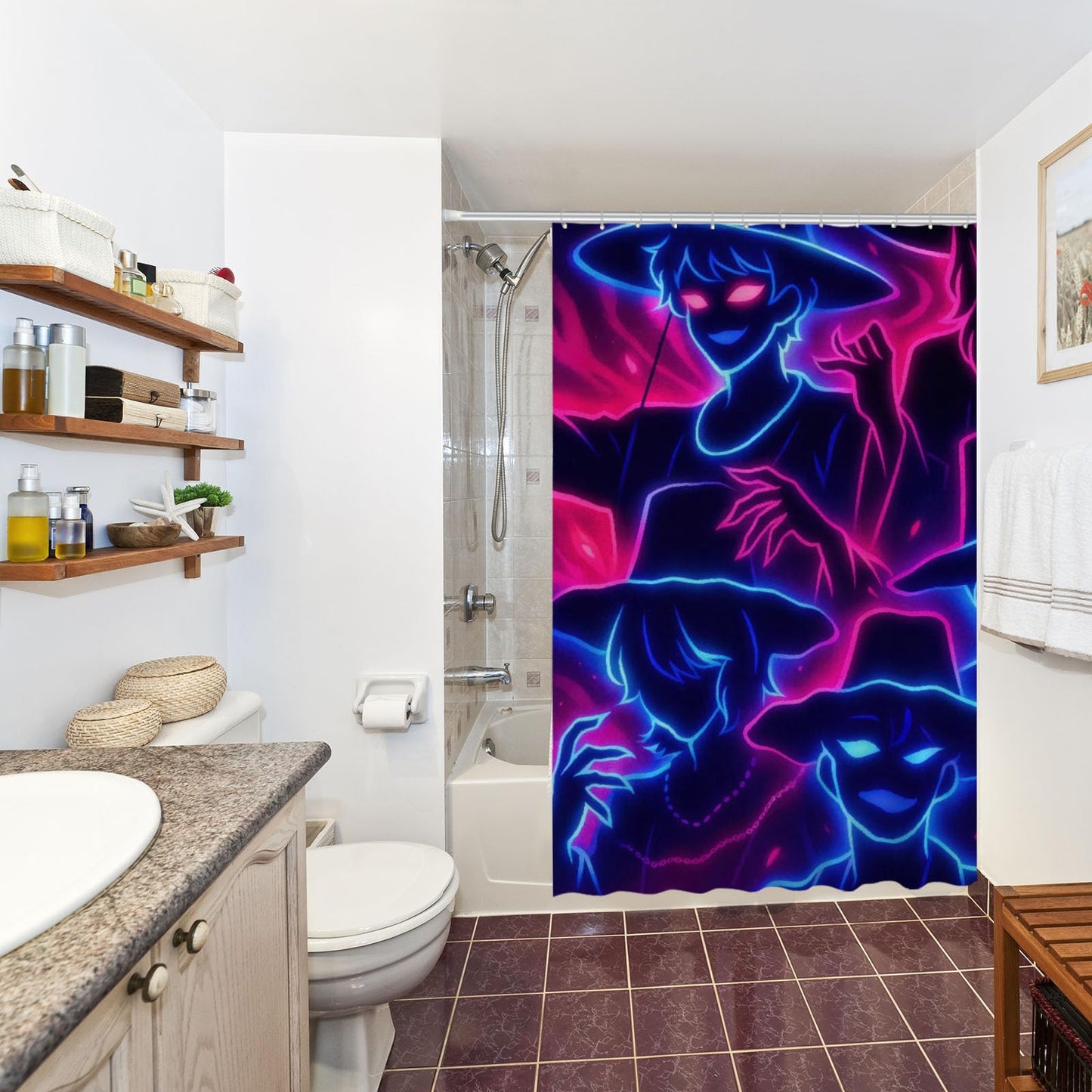 Funnytree 72"X72" Neon Shadow Crew Shower Curtain Glowing Hat Figures Bathroom Decor Waterproof Fabric Durable Easy Care Washable(Hooks Not Included)