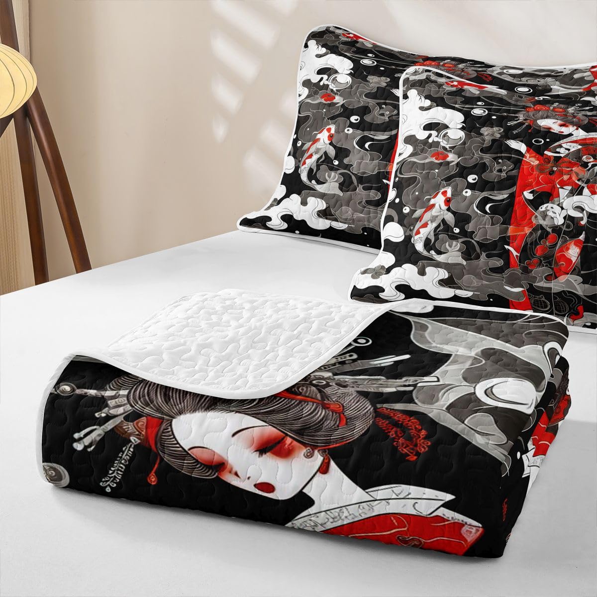 Erosebridal Japanese Geisha Quilts Twin Size - Japanese Smoky Clouds Bedspread Coverlet Set, Koi Fish Quilt Coverlets 2Pcs (Only 1 Pillowcase)