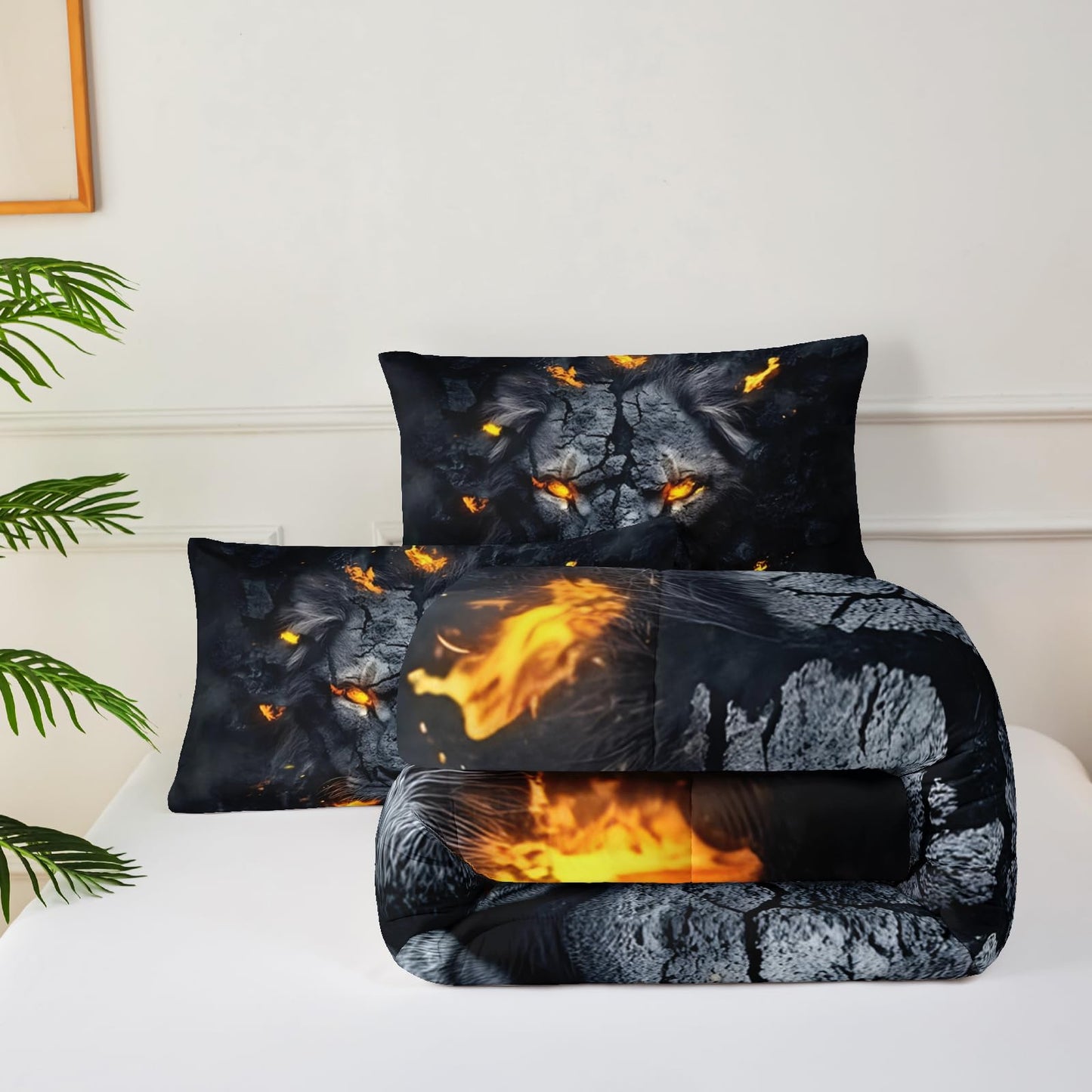 lneffble Black & Gold Twin Comforter Set Lion，Lion Twin Size Bedding Set，with 1 Comforter with 2 Pillow Case，Animal Bedroom Decor for Boys Kids Man