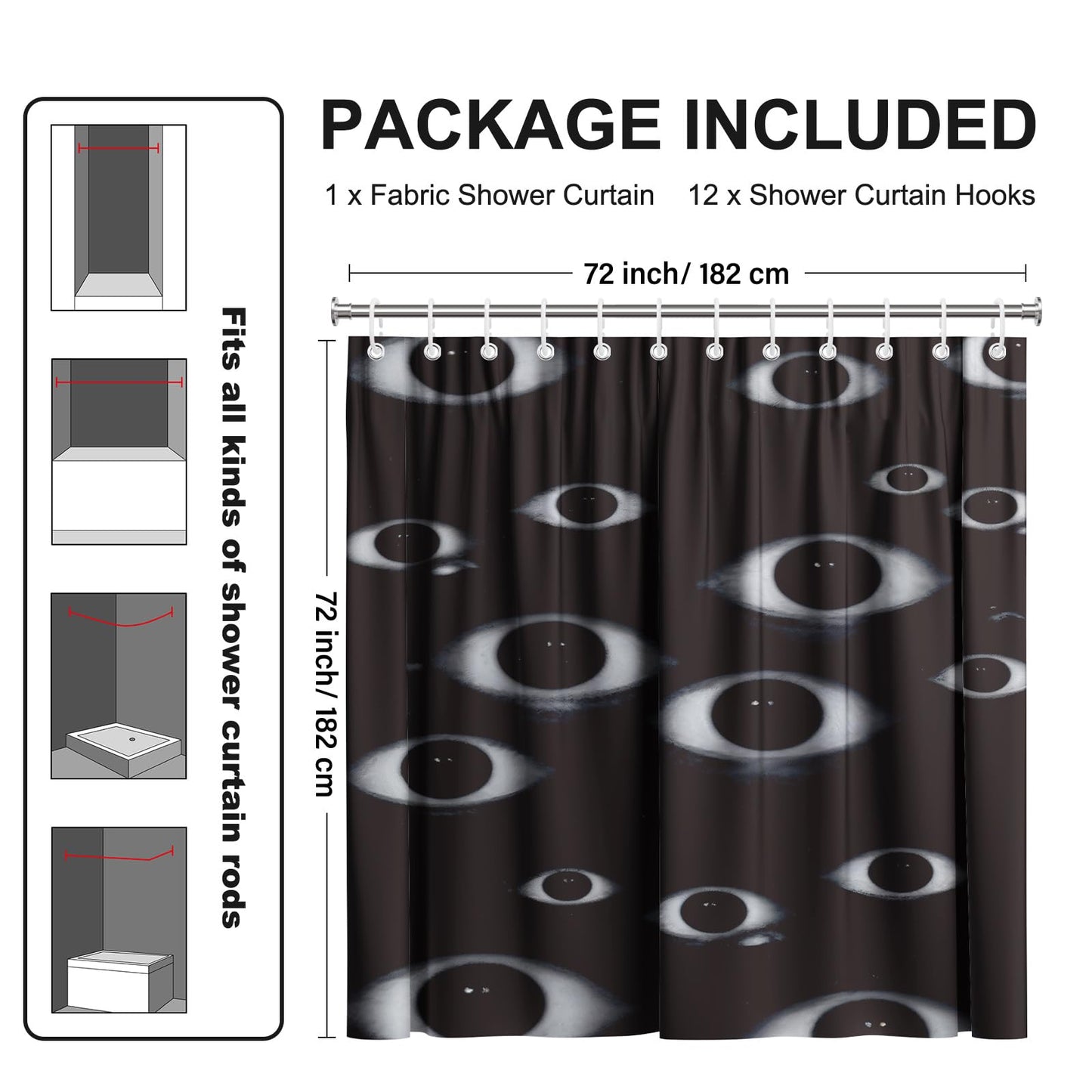 Horror Creepy Eyes Shower Curtain 72x72, Gothic Halloween Bathroom Decor