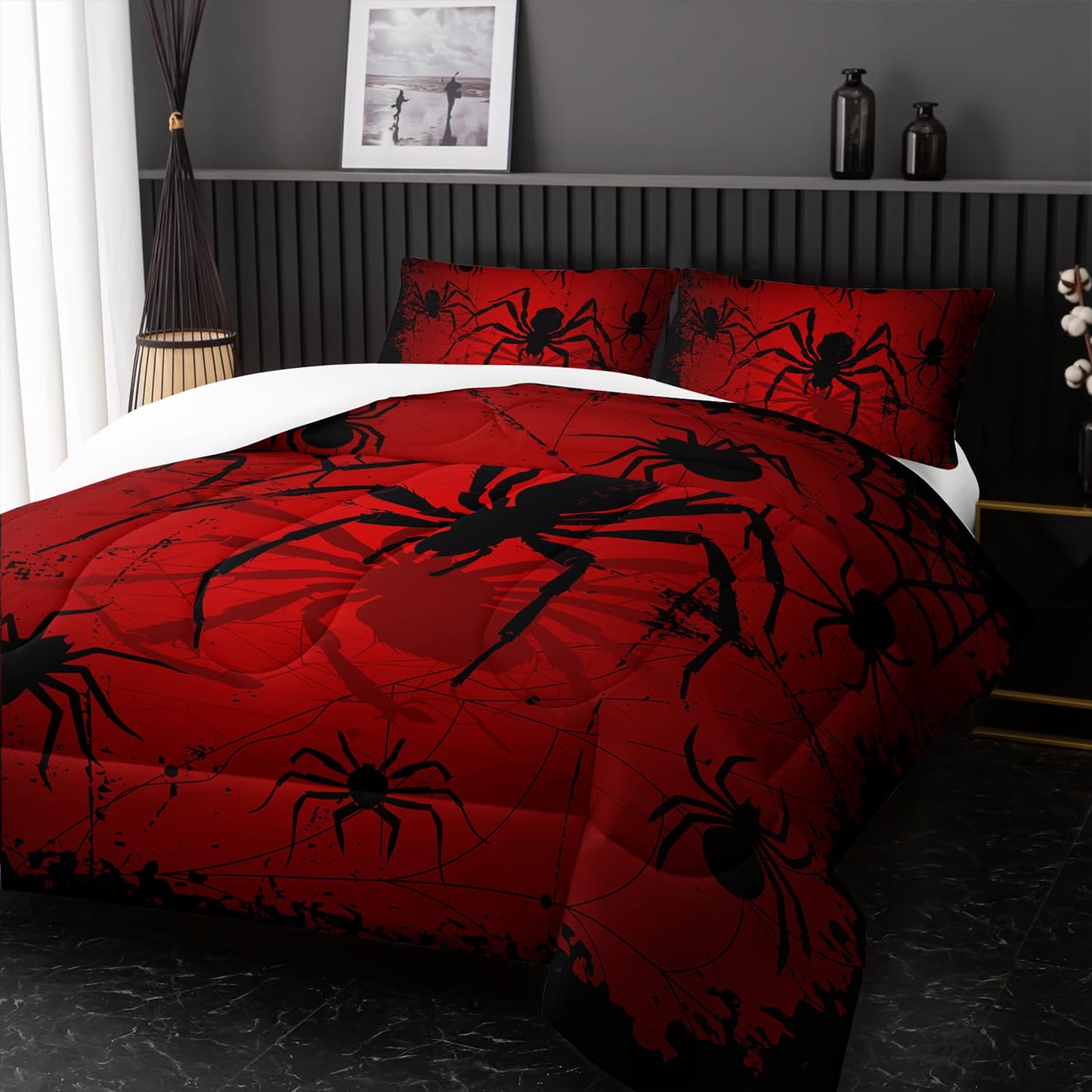 Nttopship Boys Spider Printed Comforter Set Bed in A Bag Twin Size 3PCS Red Bedding Set Cool Black Spider Comforter Set Girls Boys Kids Comforter Bedding Set with 2 Pillowcases